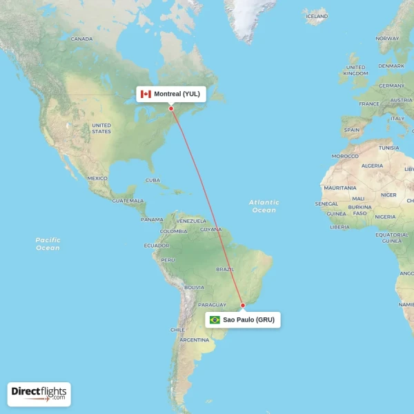 Sao Paulo - Montreal direct flight map