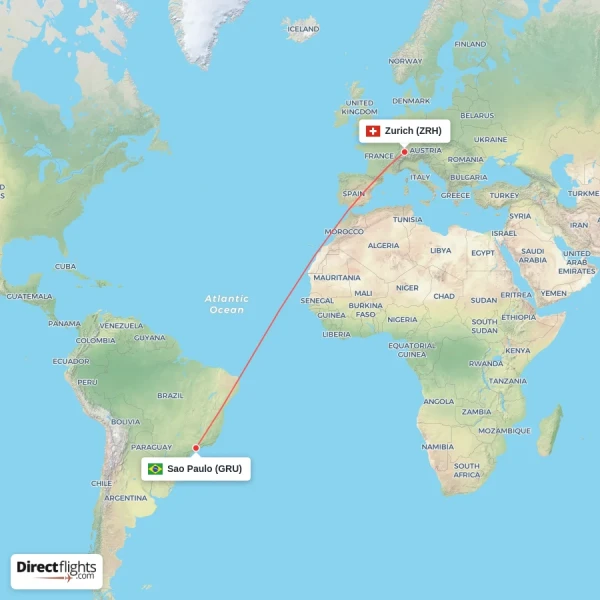 Sao Paulo - Zurich direct flight map