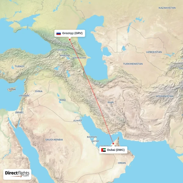 Groznyy - Dubai direct flight map