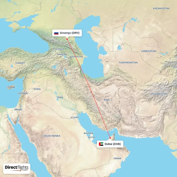 Groznyy - Dubai direct flight map