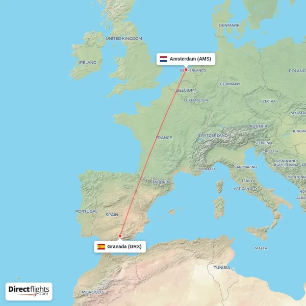 Granada - Amsterdam direct flight map