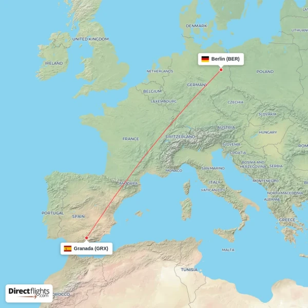 Granada - Berlin direct flight map