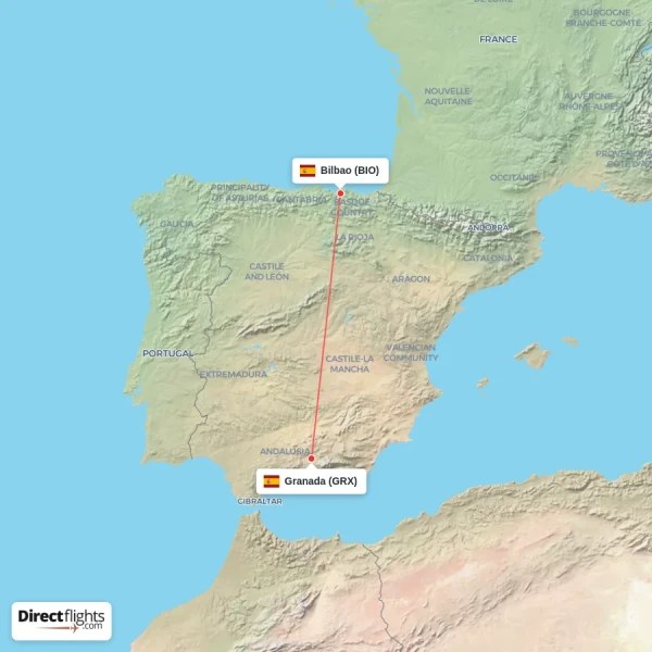 Granada - Bilbao direct flight map