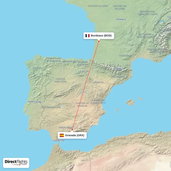Granada - Bordeaux direct flight map