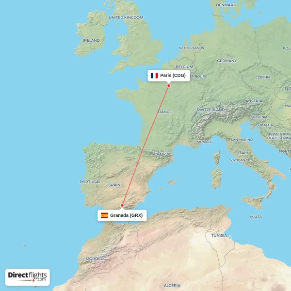 Granada - Paris direct flight map