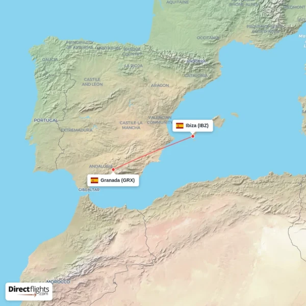 Granada - Ibiza direct flight map