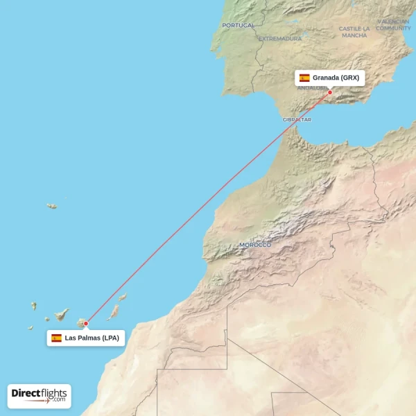 Granada - Las Palmas direct flight map