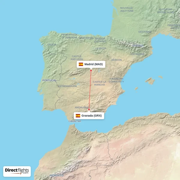 Granada - Madrid direct flight map