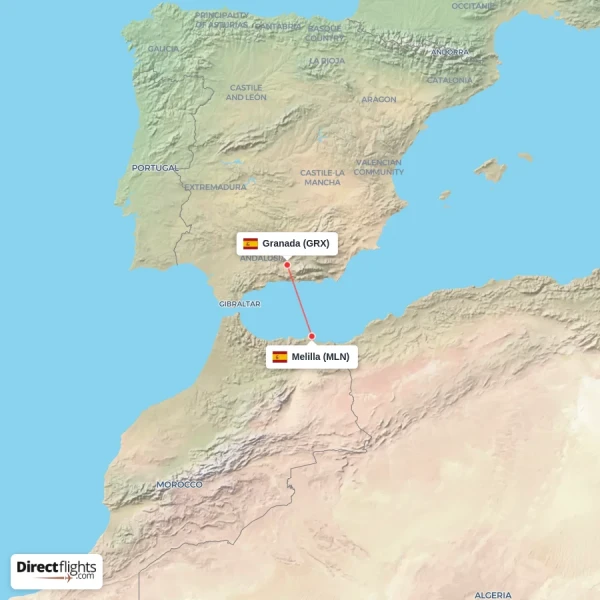 Granada - Melilla direct flight map