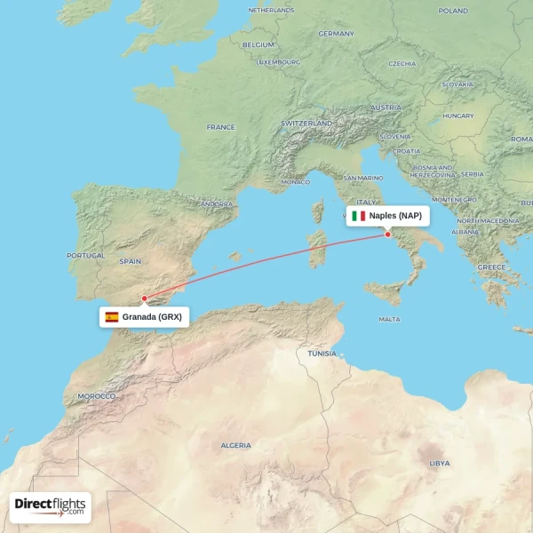 Granada - Naples direct flight map