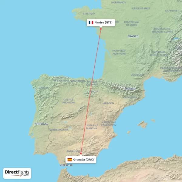 Granada - Nantes direct flight map