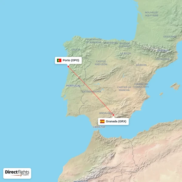 Granada - Porto direct flight map