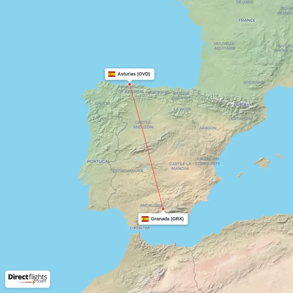 Granada - Asturias direct flight map