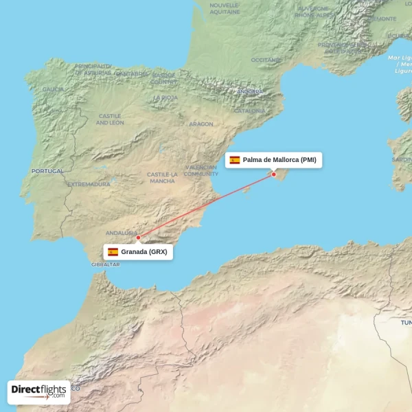 Granada - Palma de Mallorca direct flight map