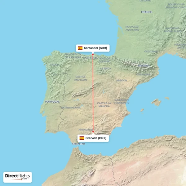 Granada - Santander direct flight map