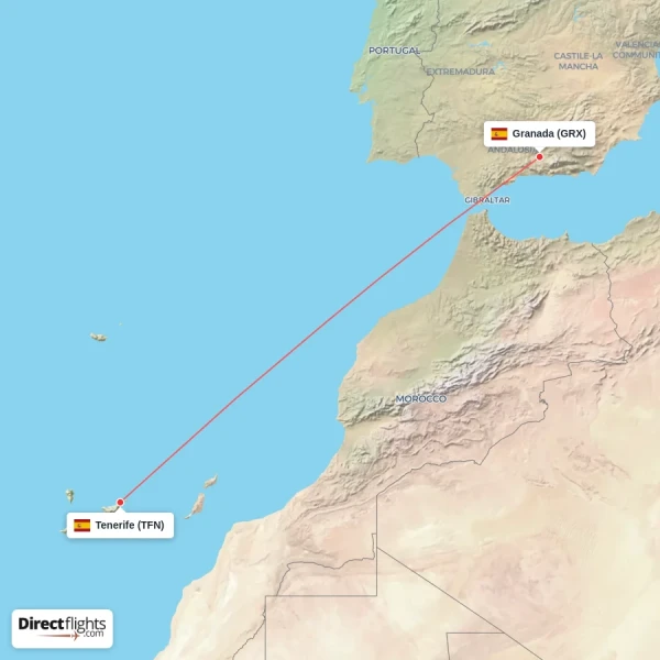 Granada - Tenerife direct flight map