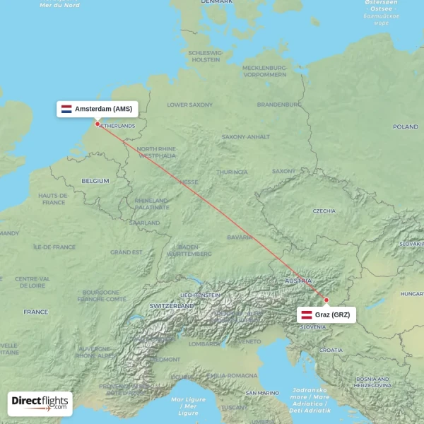 Graz - Amsterdam direct flight map