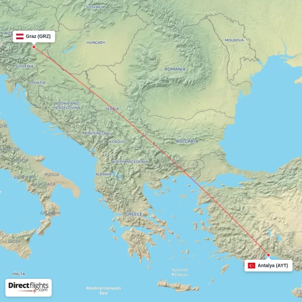 Graz - Antalya direct flight map