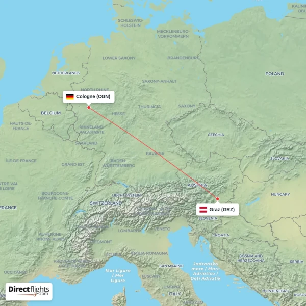Graz - Cologne direct flight map