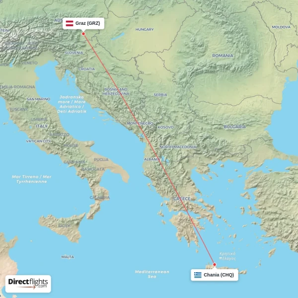 Graz - Chania direct flight map