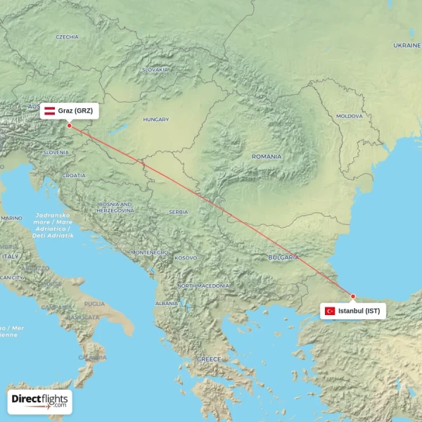 Graz - Istanbul direct flight map