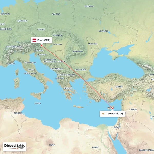 Graz - Larnaca direct flight map