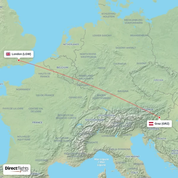 Graz - London direct flight map