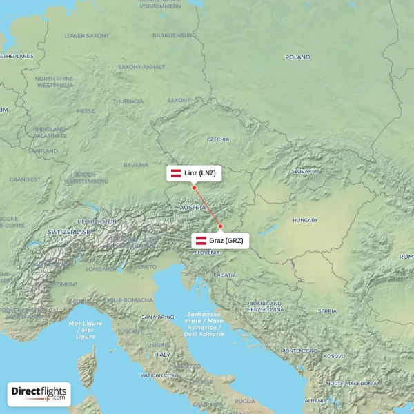 Graz - Linz direct flight map