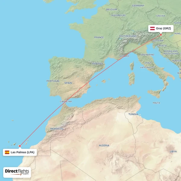 Graz - Las Palmas direct flight map