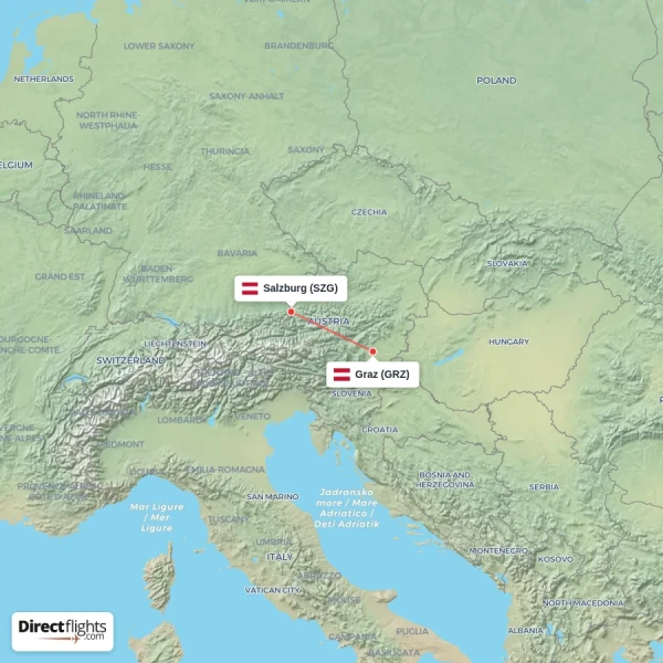 Graz - Salzburg direct flight map