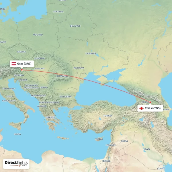 Graz - Tbilisi direct flight map