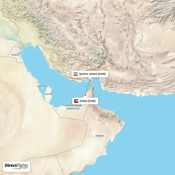 Qeshm Island - Dubai direct flight map