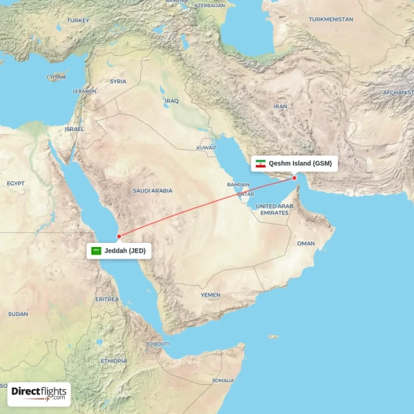 Qeshm Island - Jeddah direct flight map