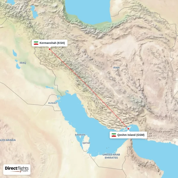 Qeshm Island - Kermanshah direct flight map