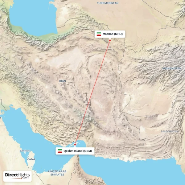 Qeshm Island - Mashad direct flight map