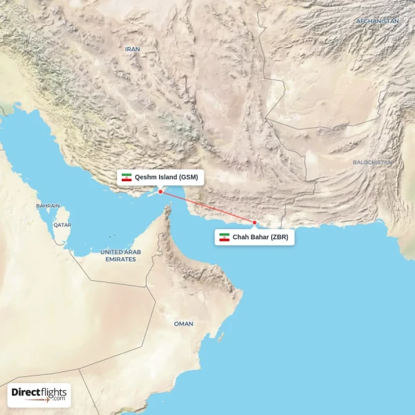 Qeshm Island - Chah Bahar direct flight map