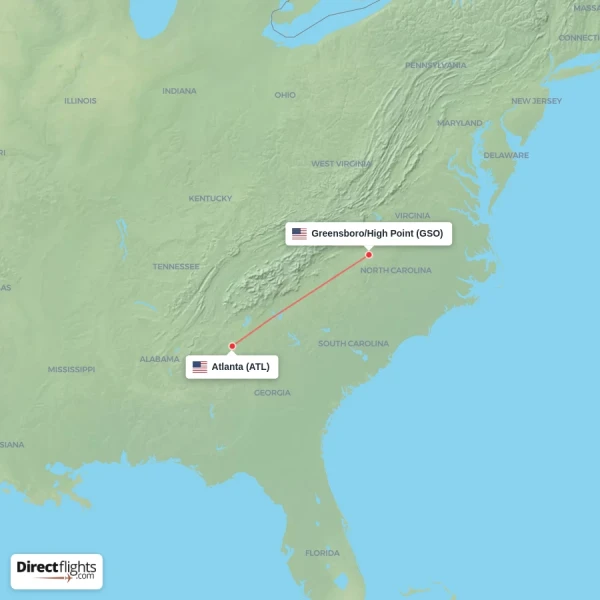 Greensboro/High Point - Atlanta direct flight map