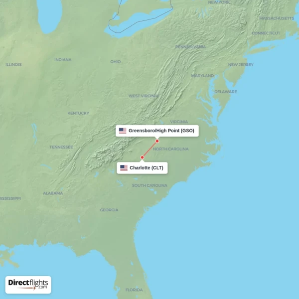 Greensboro/High Point - Charlotte direct flight map