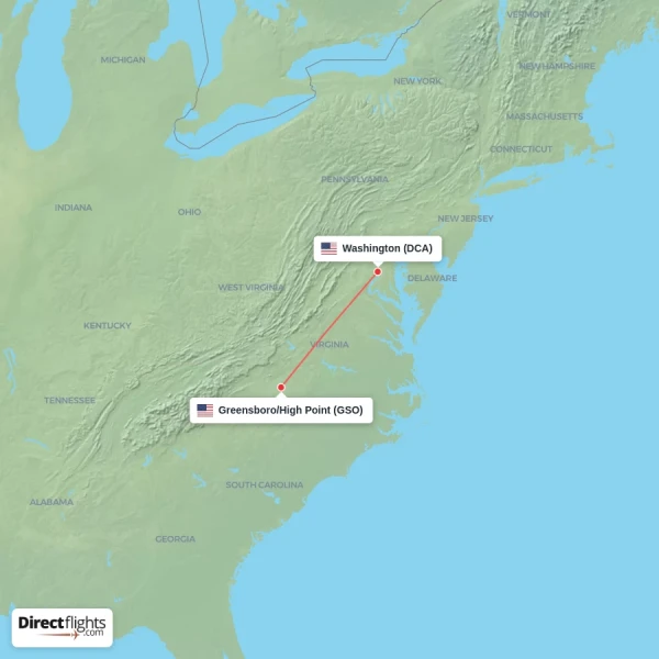 Greensboro/High Point - Washington direct flight map