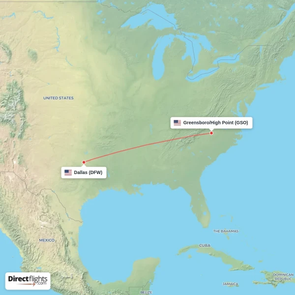 Greensboro/High Point - Dallas direct flight map