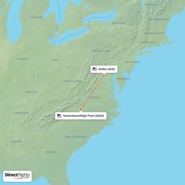 Greensboro/High Point - Dulles direct flight map