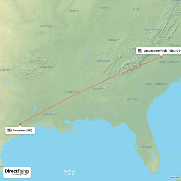 Greensboro/High Point - Houston direct flight map