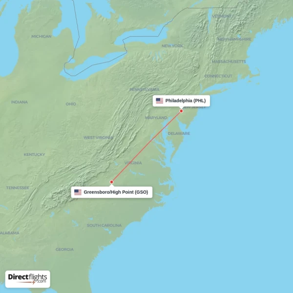 Greensboro/High Point - Philadelphia direct flight map
