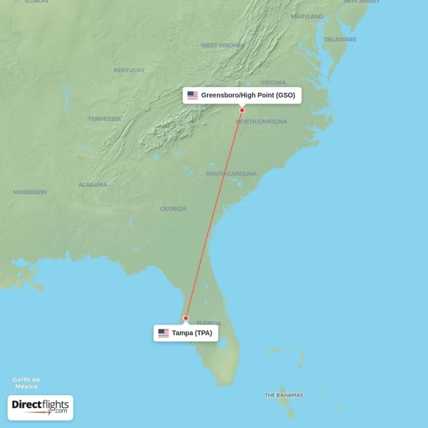 Greensboro/High Point - Tampa direct flight map