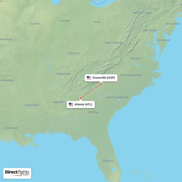 Greenville - Atlanta direct flight map