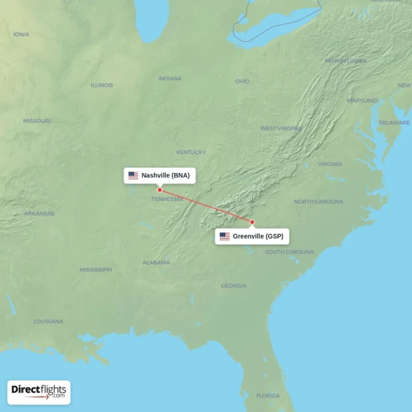 Greenville - Nashville direct flight map