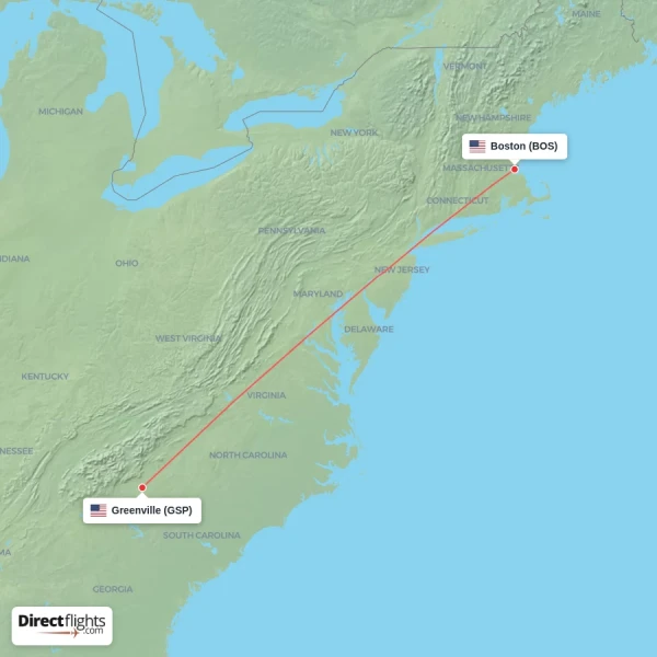 Greenville - Boston direct flight map