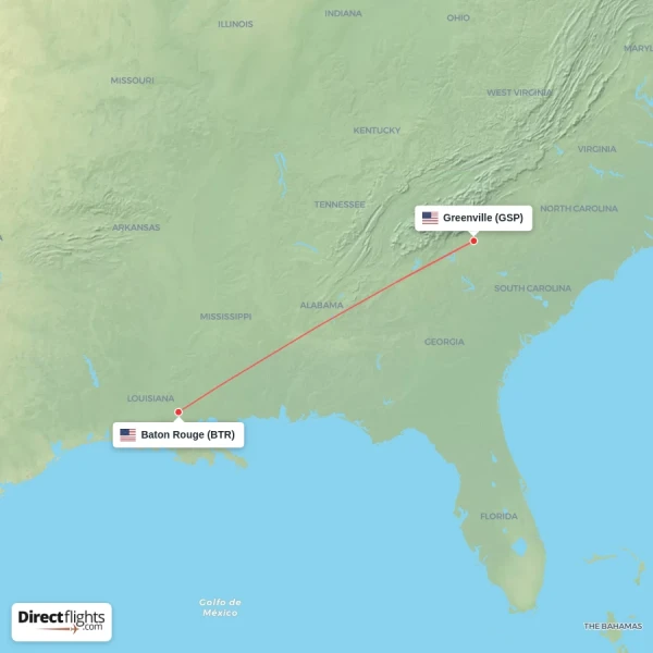 Greenville - Baton Rouge direct flight map