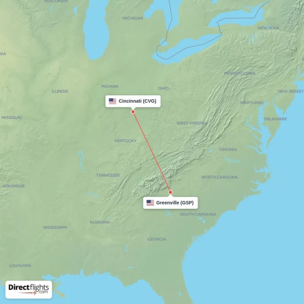 Greenville - Cincinnati direct flight map