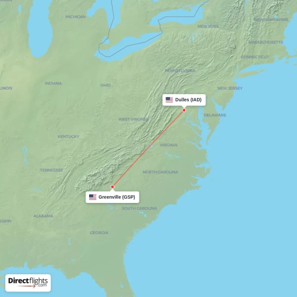 Greenville - Dulles direct flight map